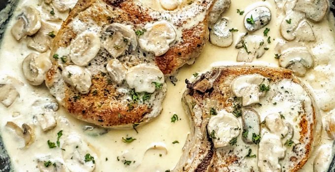 Oven Baked and Brined Pork Chops with Creamy Mushroom Gravy